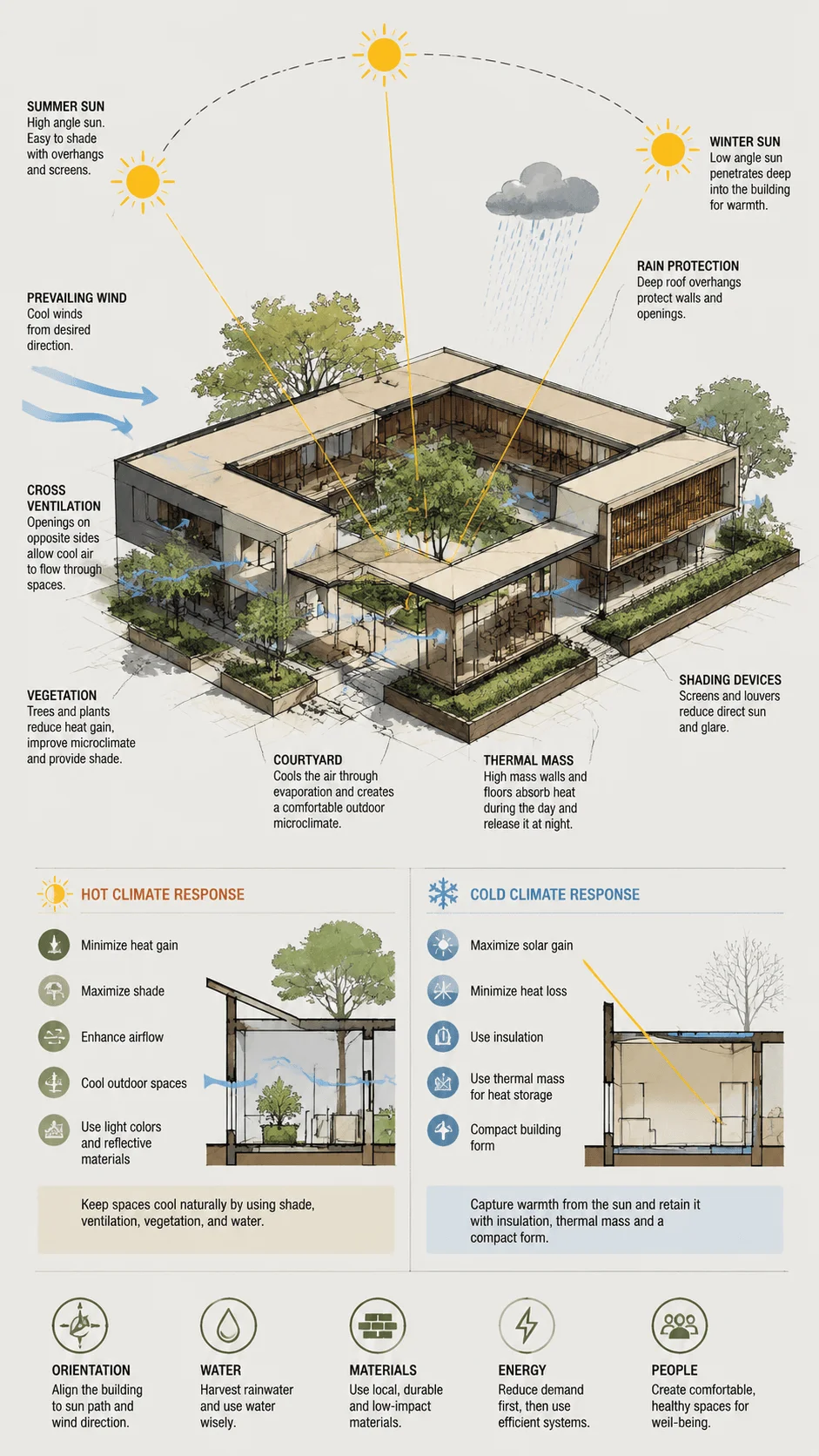 Climate responsive architecture diagram showing a sustainable building design with sun paths, prevailing winds, natural ventilation, courtyard cooling, shading devices, vegetation, thermal mass, rain protection, hot and cold climate strategies, and energy efficient design principles
