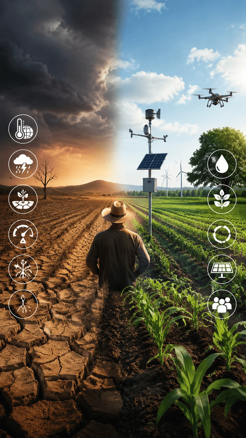 Climate smart agriculture image showing a farmer comparing drought affected land with healthy green crops using weather monitoring technology, renewable energy, drones, and sustainable farming solutions for climate adaptation
