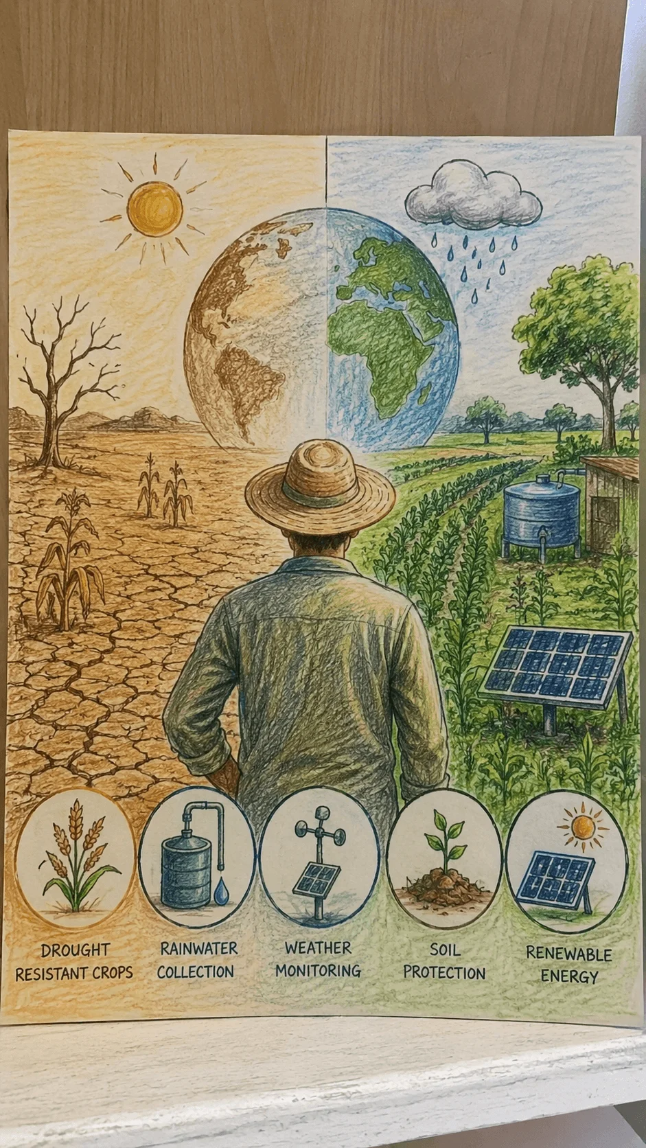 Climate smart agriculture poster showing a farmer comparing drought affected land with sustainable green farmland featuring rainwater collection weather monitoring soil protection and renewable energy solutions