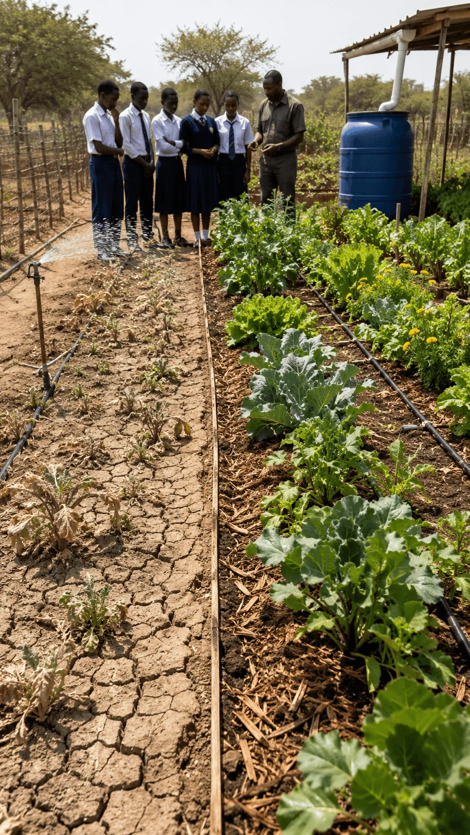 Students observing a climate smart agriculture project showing sustainable farming practices with irrigation systems, healthy crops, water conservation, and a comparison between dry and improved agricultural land