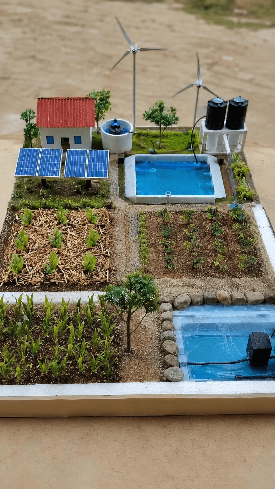 Climate smart agriculture working model showing a sustainable farm with solar panels wind turbines water storage ponds crop fields and renewable energy systems for climate resilient farming