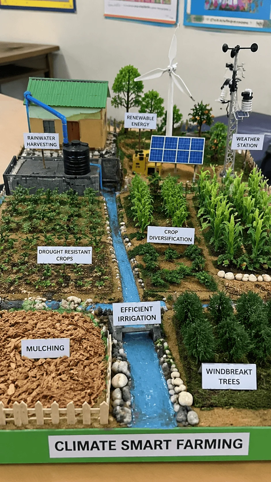 Climate smart farming model showing renewable energy, rainwater harvesting, efficient irrigation, crop diversification, drought resistant crops, mulching, weather station, windbreak trees, and sustainable agriculture practices