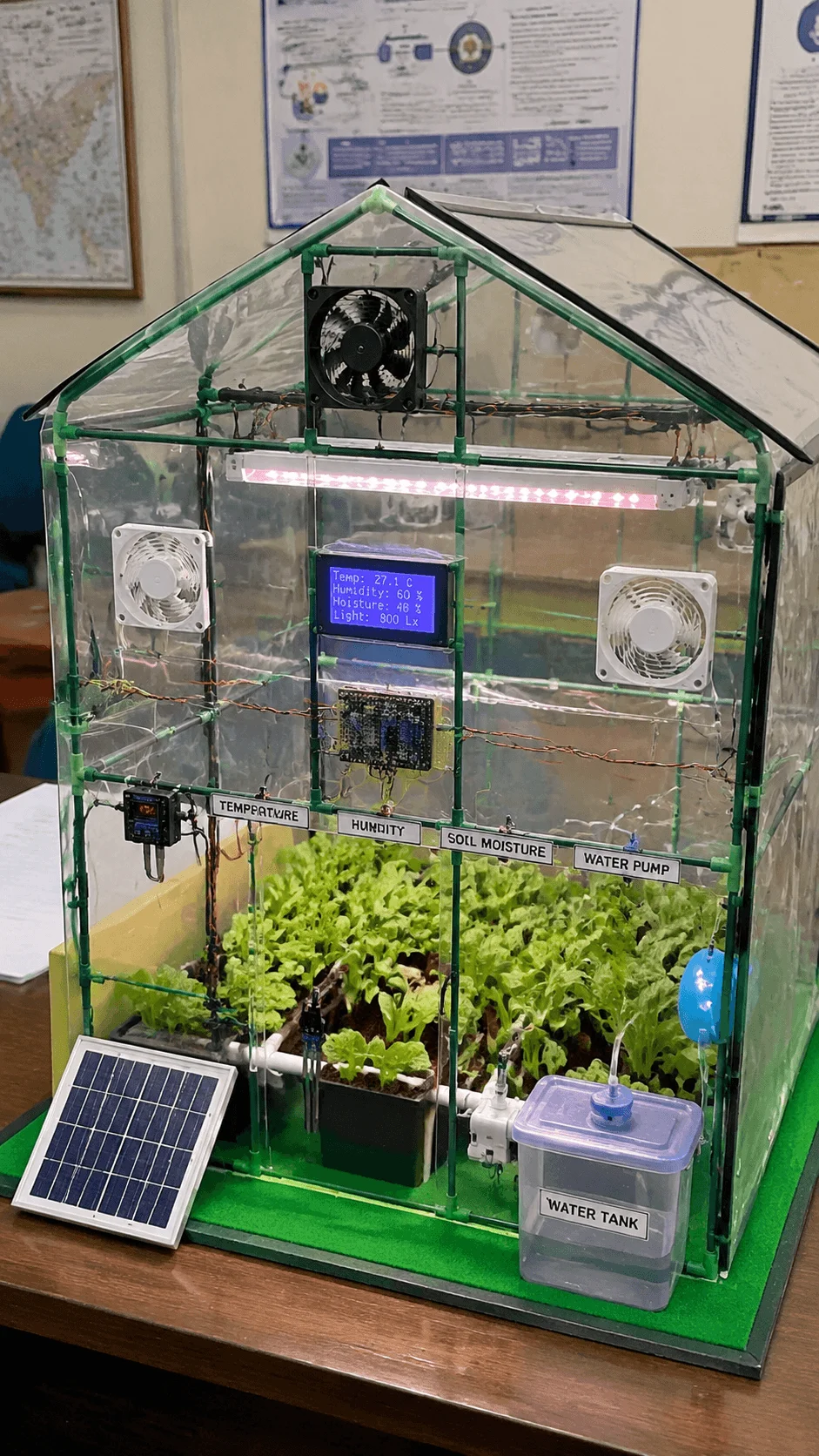 Climate smart greenhouse model with solar panel automated sensors LED lighting water tank and controlled environment system for sustainable agriculture project