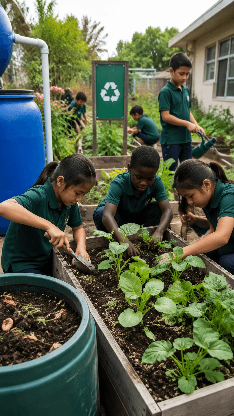 Climate smart school garden project showing students planting vegetables in a sustainable garden with composting, recycling, rainwater collection, and eco friendly farming practices for environmental education