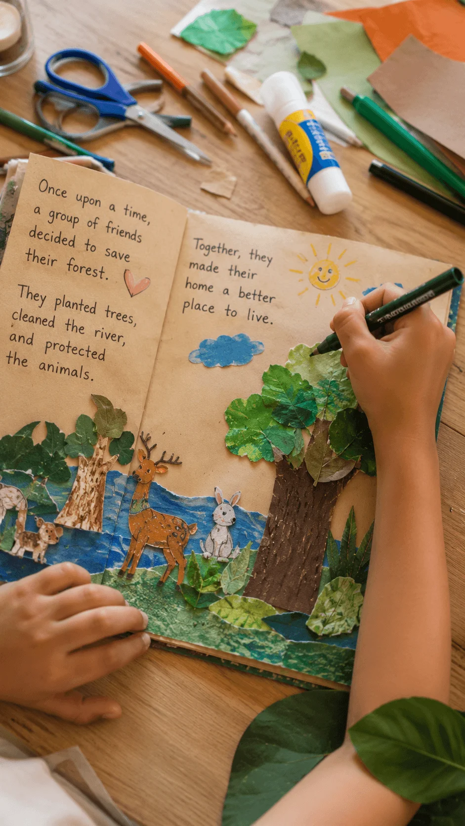 Climate themed storybook art project showing a child creating an illustrated nature scene with trees animals leaves and environmental storytelling elements in a handmade book promoting conservation and positive action.