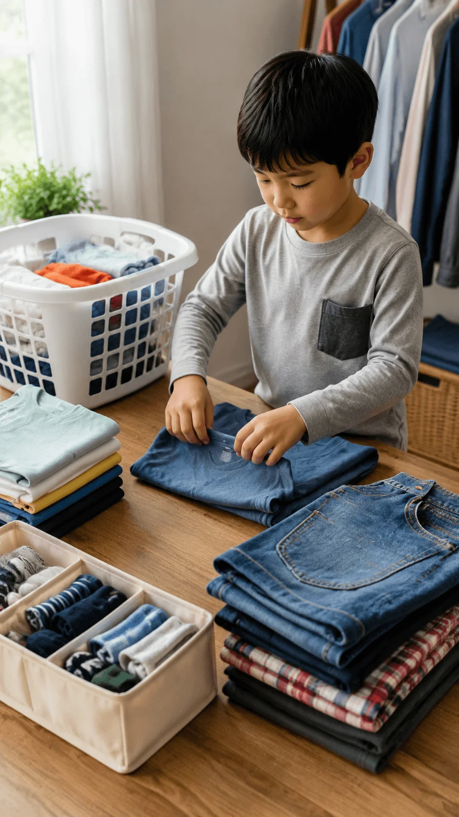 Child practicing clothing care by folding and organizing garments neatly to make clothes last longer as part of a sustainable fashion activity