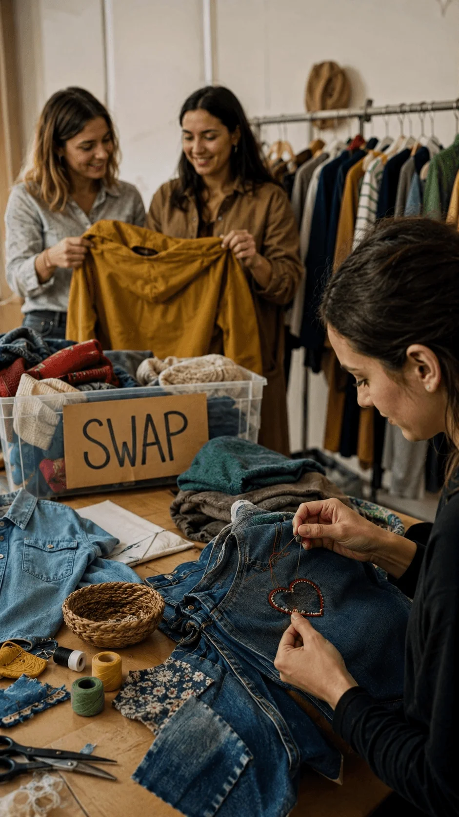 Women participating in a clothing swap and visible mending workshop with garments sewing tools and fabric patches