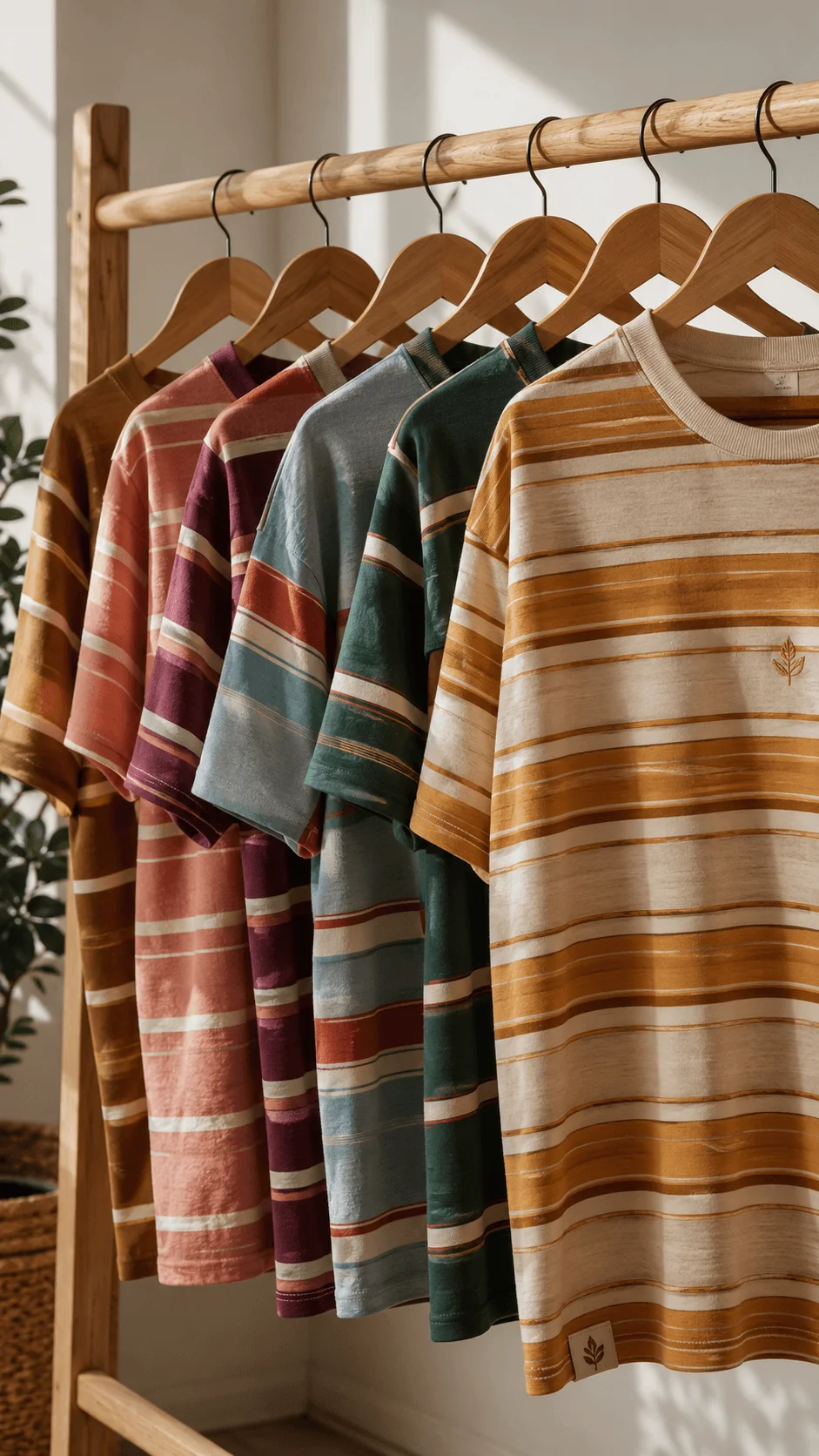 Colorful retro stripe sustainable T shirts with vintage earth tone patterns organic cotton fabric and eco friendly casual fashion designs