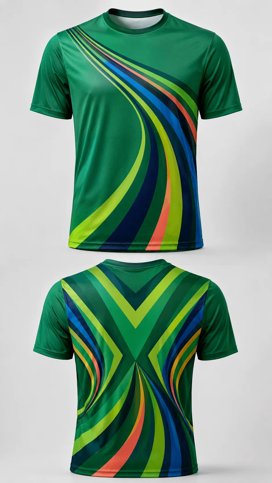 Colorful stripe green sublimation T shirt design shown from the front and back with flowing blue lime coral and navy curved lines