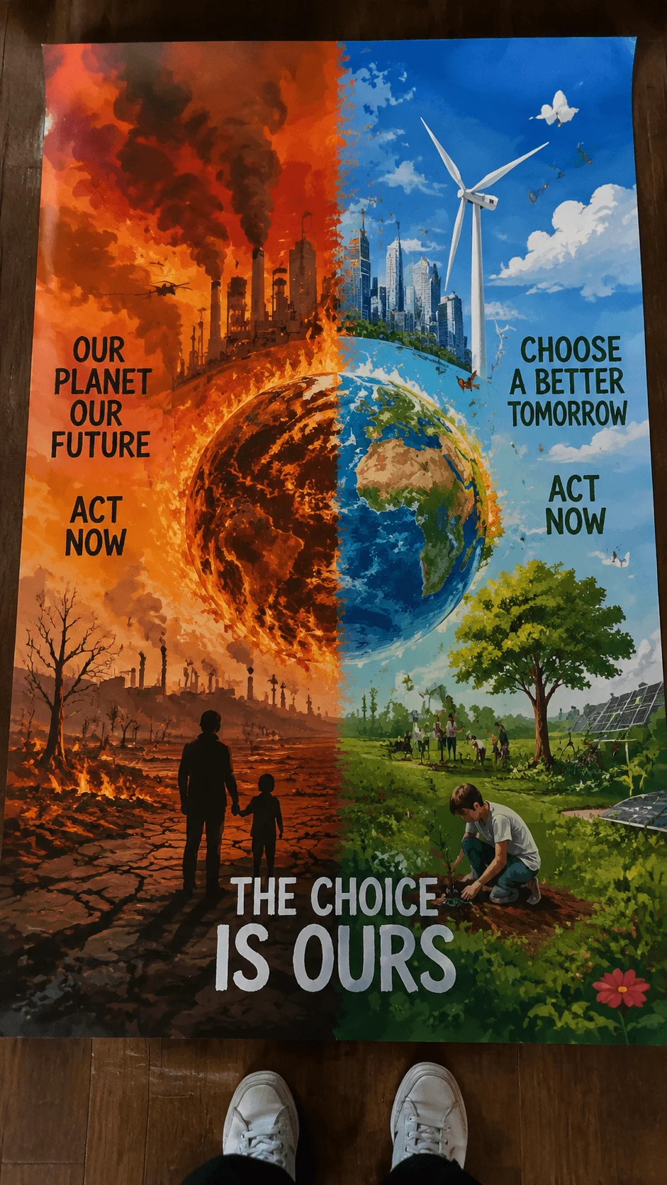 Colourful climate change poster showing a split world with pollution and burning landscapes on one side and clean energy green forests and renewable solutions on the other side with environmental action message