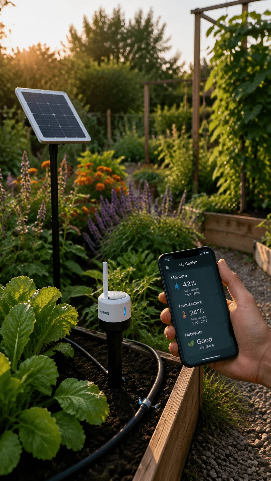 Smart garden with solar powered technology soil sensors mobile monitoring app and automated irrigation system helping plants grow efficiently in a modern sustainable outdoor space