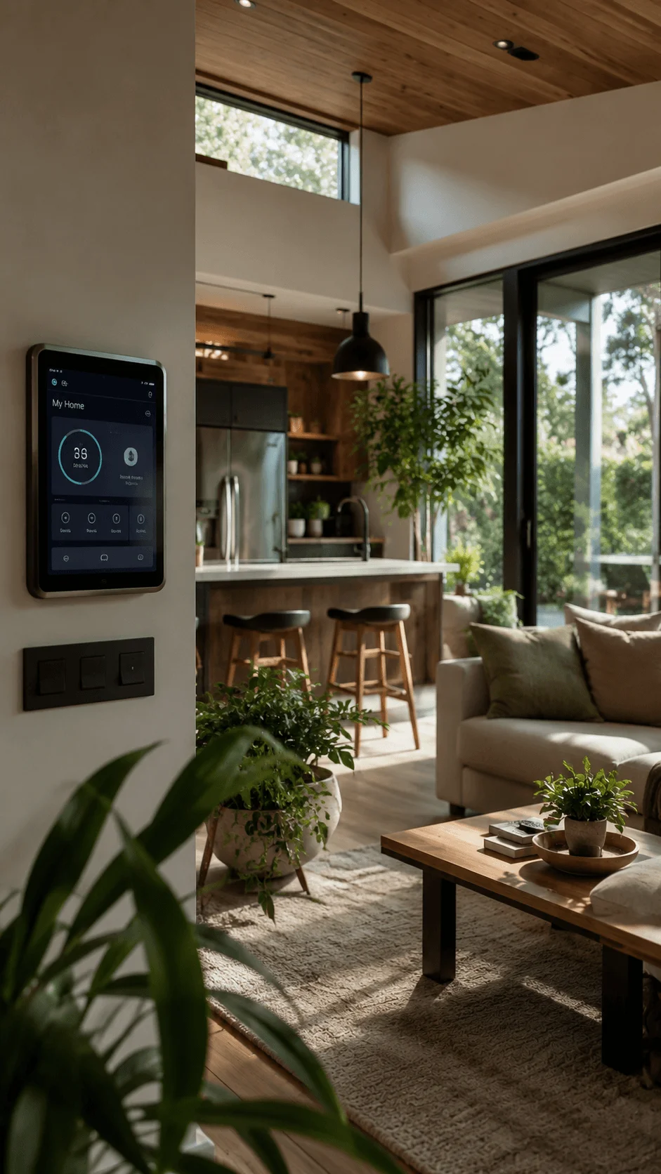 Smart sustainable home interior with energy efficient technology, smart home control system, natural wooden furniture, indoor plants, and modern green design elements