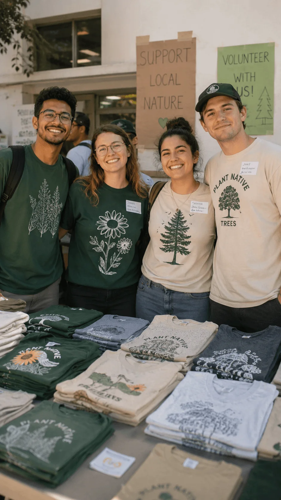 Community based sustainable T shirt collection featuring nature volunteers wearing botanical graphic shirts at a local environmental event
