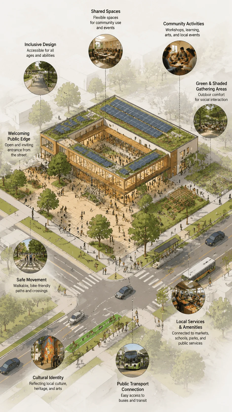 Community centered sustainability diagram showing a green public building with inclusive design, shared spaces, community activities, shaded gathering areas, safe movement paths, local services, cultural identity, public transport connections, and people focused sustainable urban planning strategies