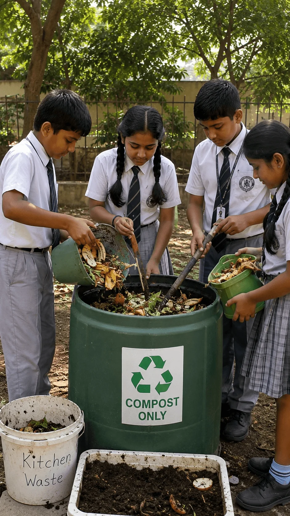 Students participating in a community food waste compost project by collecting kitchen scraps adding organic waste to a compost bin and mixing materials to create nutrient rich compost while learning about waste reduction and sustainable gardening practices.