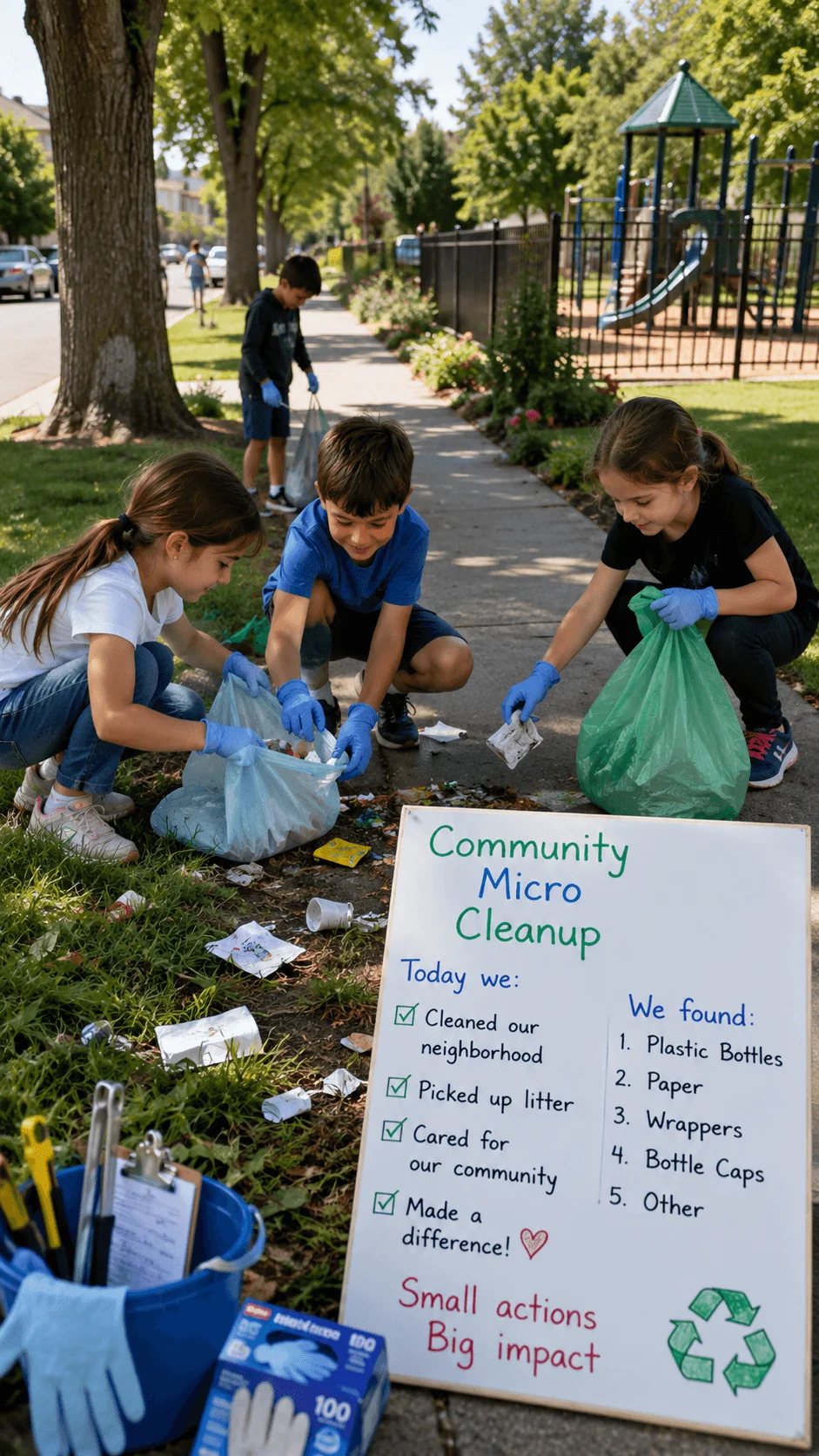 Children collecting litter with gloves and reusable bags during a community micro cleanup near a neighborhood playground