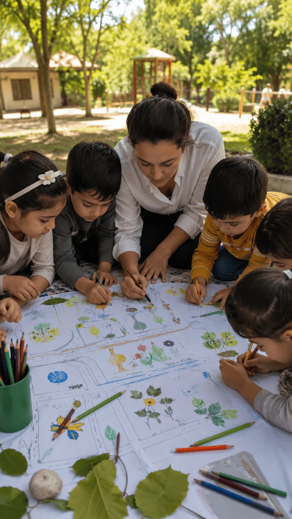 Children creating a community nature map with drawings of plants and outdoor observations during a group sustainability learning activity