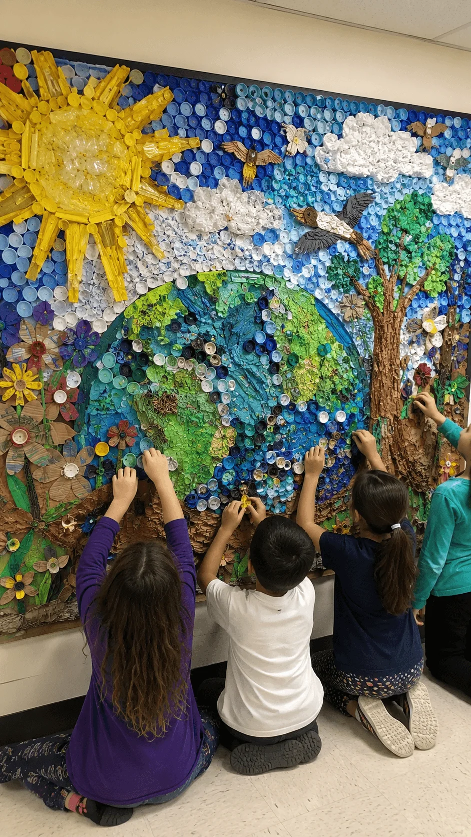 Community recycled art mural featuring children collaborating on a large Earth themed artwork made from recycled materials including bottle caps cardboard paper and plastic pieces with trees flowers birds clouds and sunshine promoting environmental awareness and teamwork.