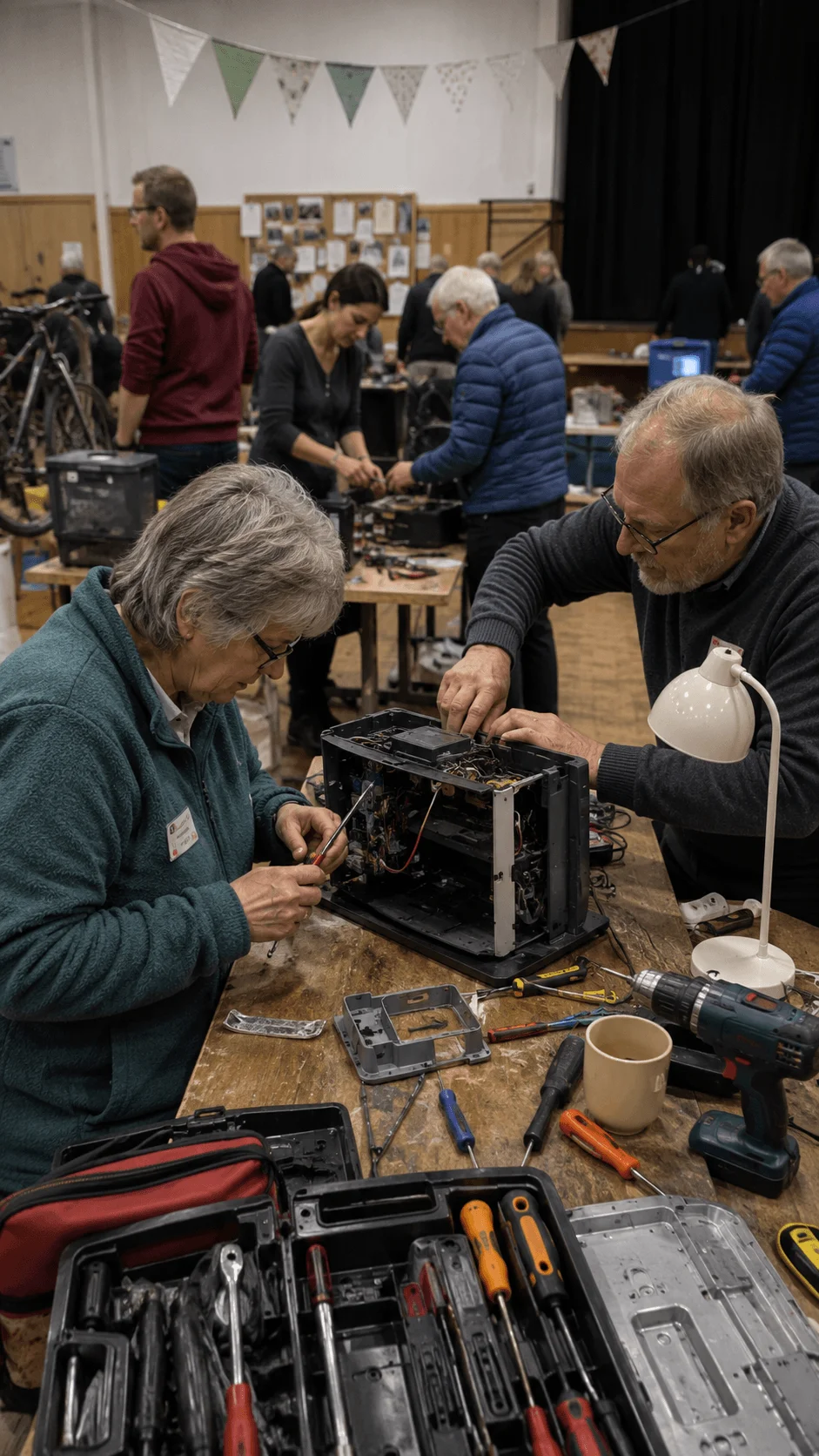 Adults repairing electronic equipment together at a community repair cafe with tools and bicycles nearby
