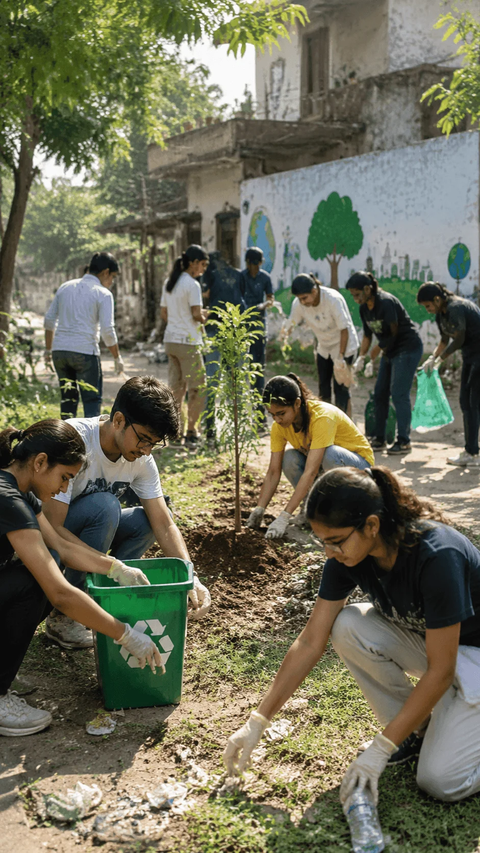 Students participating in a community sustainability action project with tree planting, neighborhood cleanup, recycling activities, and environmental conservation efforts