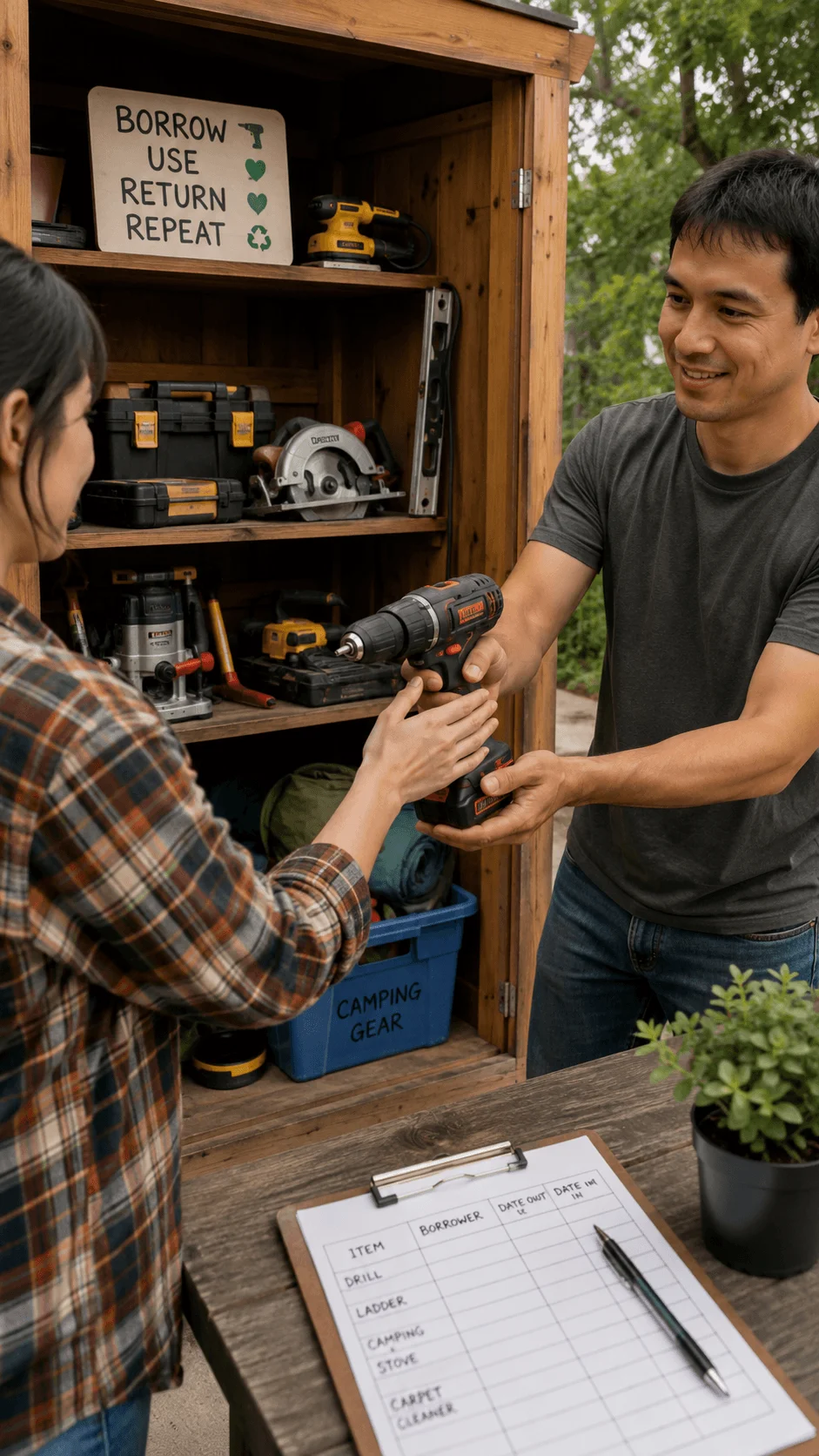People borrowing a power drill from a community tool sharing library with equipment and a lending record nearby