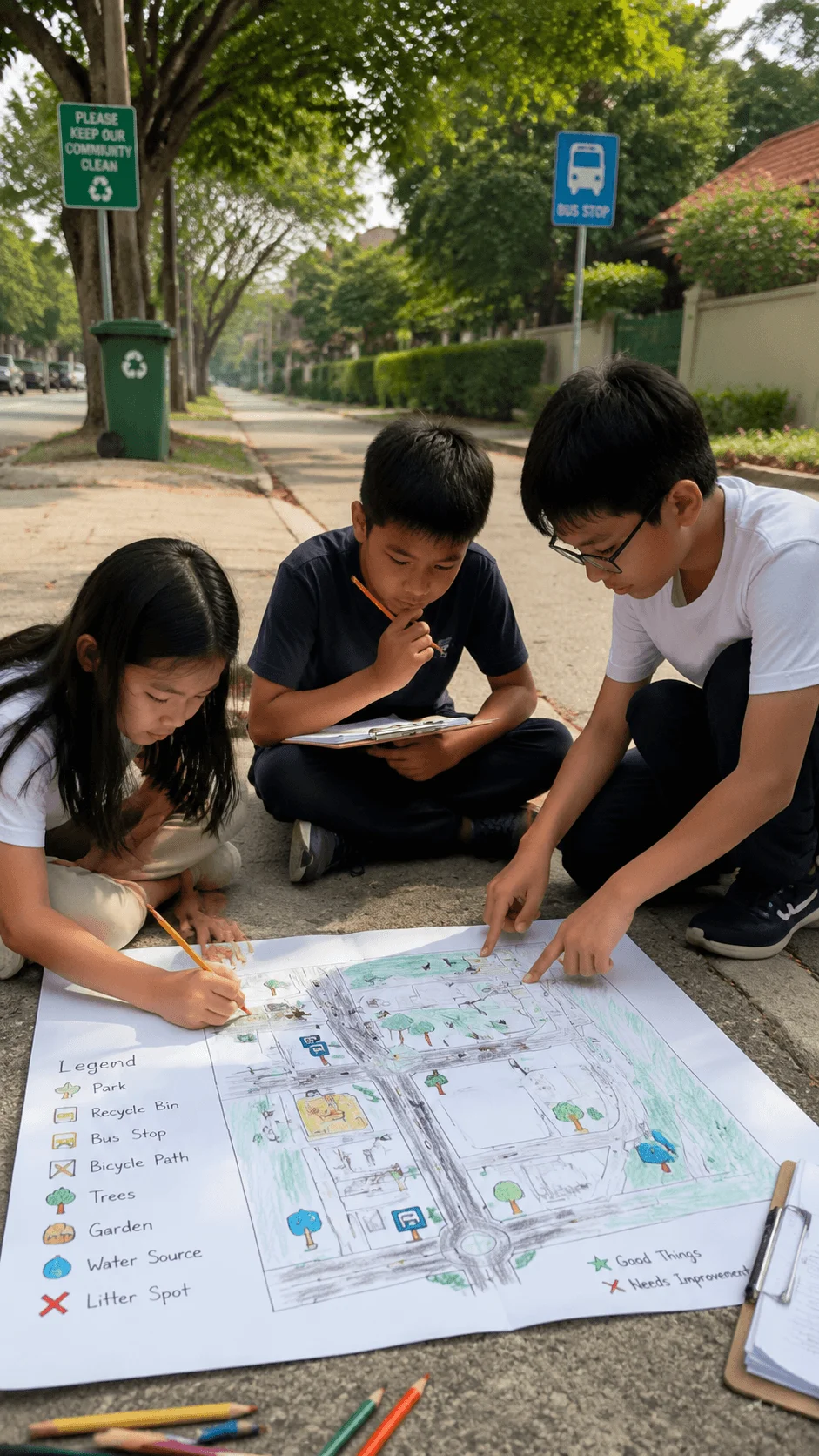 Children creating a community sustainability map outdoors by identifying parks recycling areas transport routes and environmental features in their neighborhood
