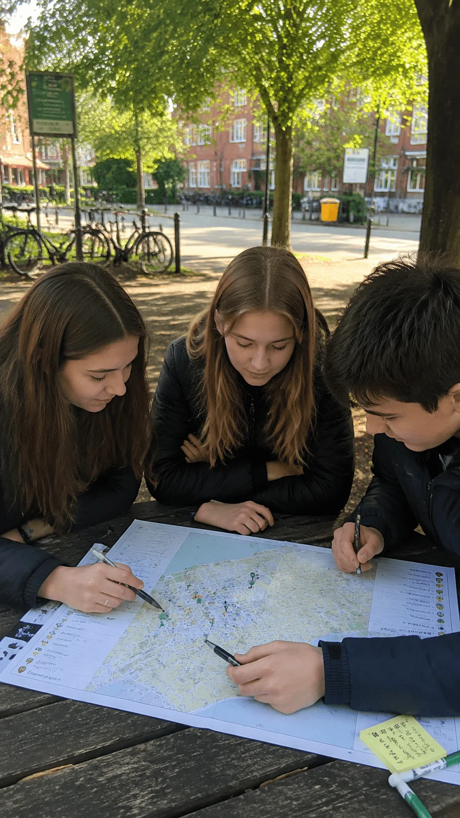 Students conducting a community sustainability mapping activity outdoors using a city map to identify green spaces and environmental features