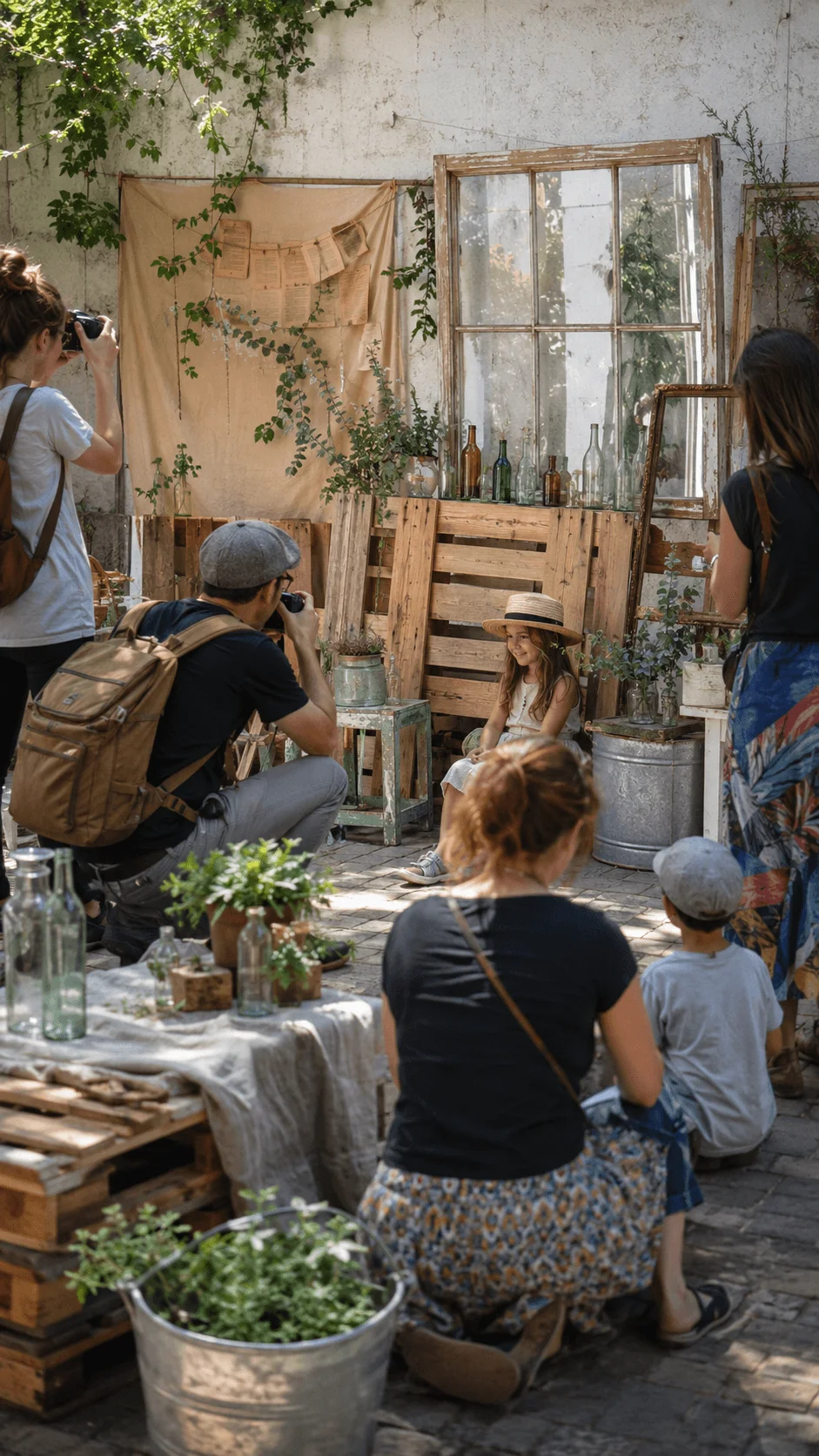Community upcycling photo challenge with photographers capturing creative portraits using recycled materials, vintage decor, plants, and sustainable handmade decorations in an outdoor setting