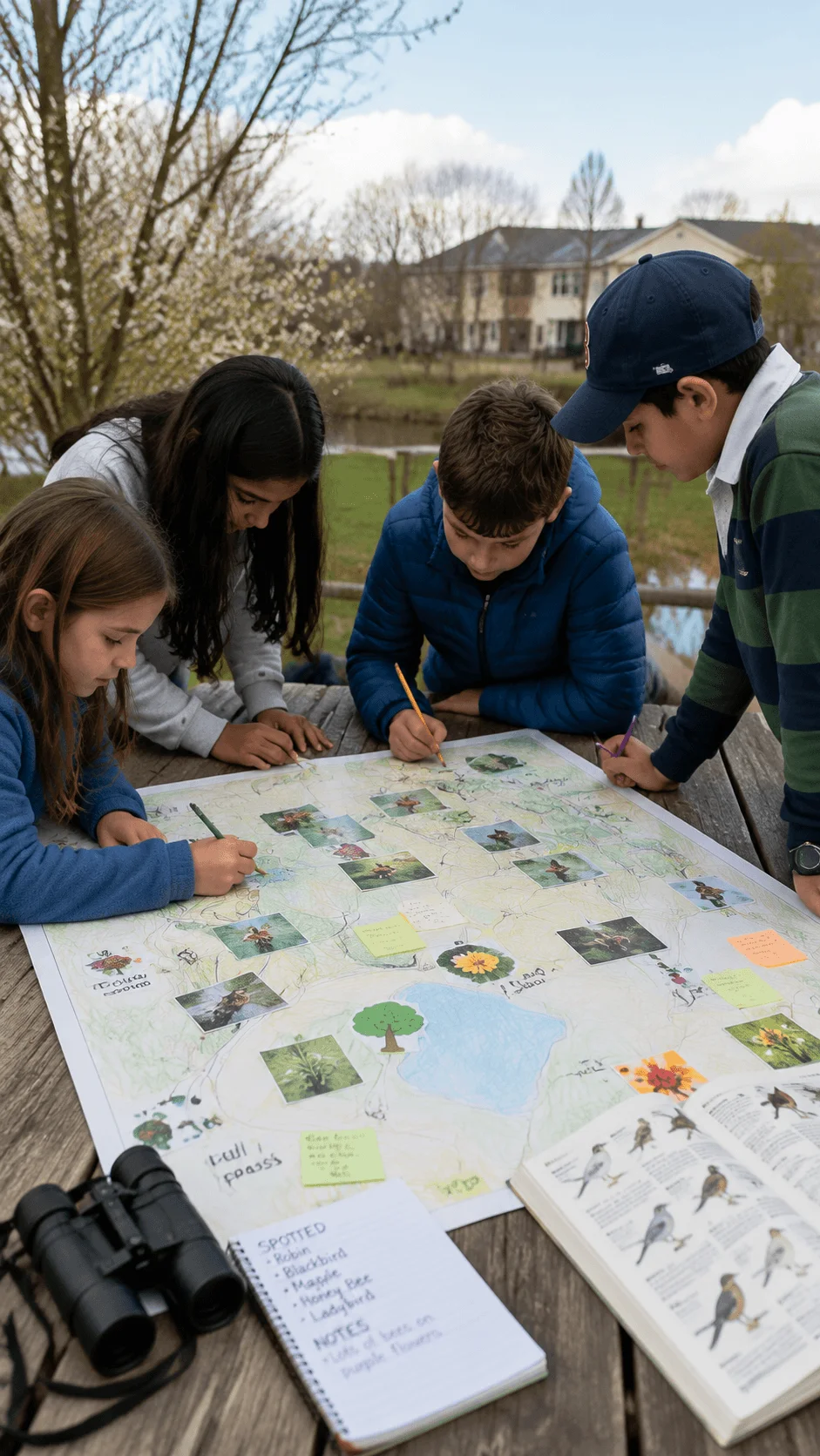Children creating a community wildlife map outdoors by recording plants animals and habitats with maps notebooks and binoculars for environmental learning