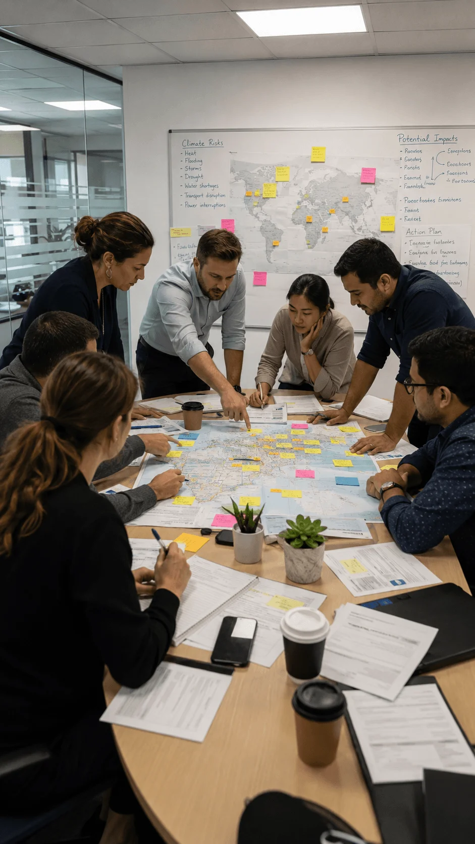 Employees participating in a company climate risk mapping workshop with teams analyzing climate hazards, business impacts, maps, and sustainability action plans for resilience planning