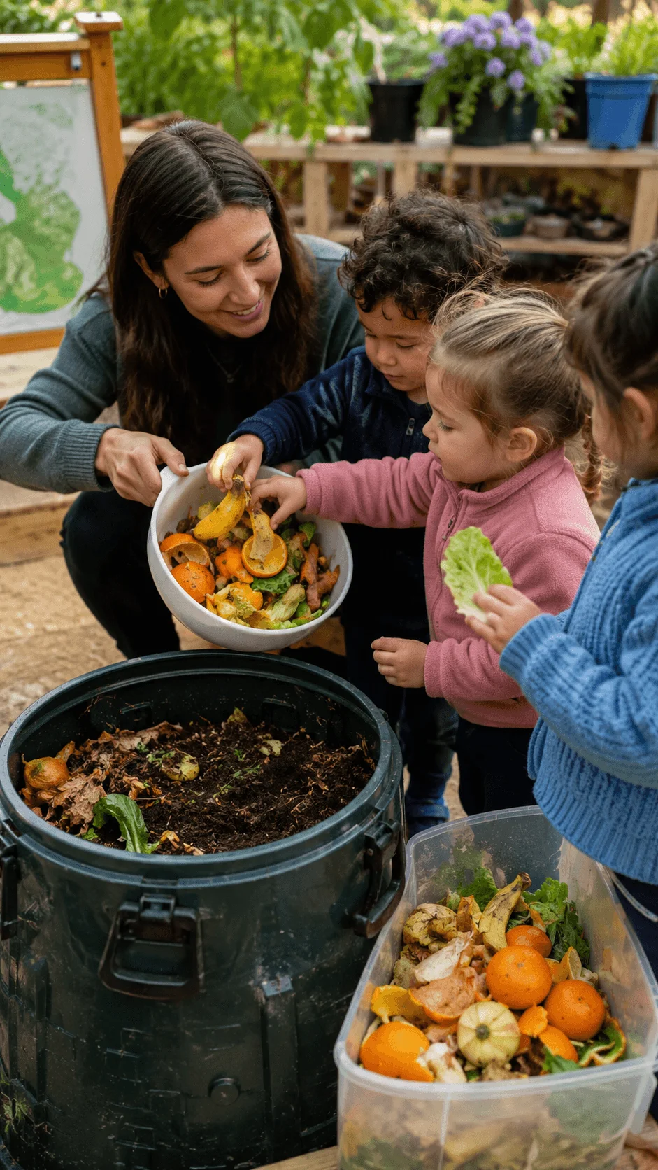 Children adding fruit and vegetable scraps to a compost bin with their educator during a composting activity to learn about food waste and healthy soil