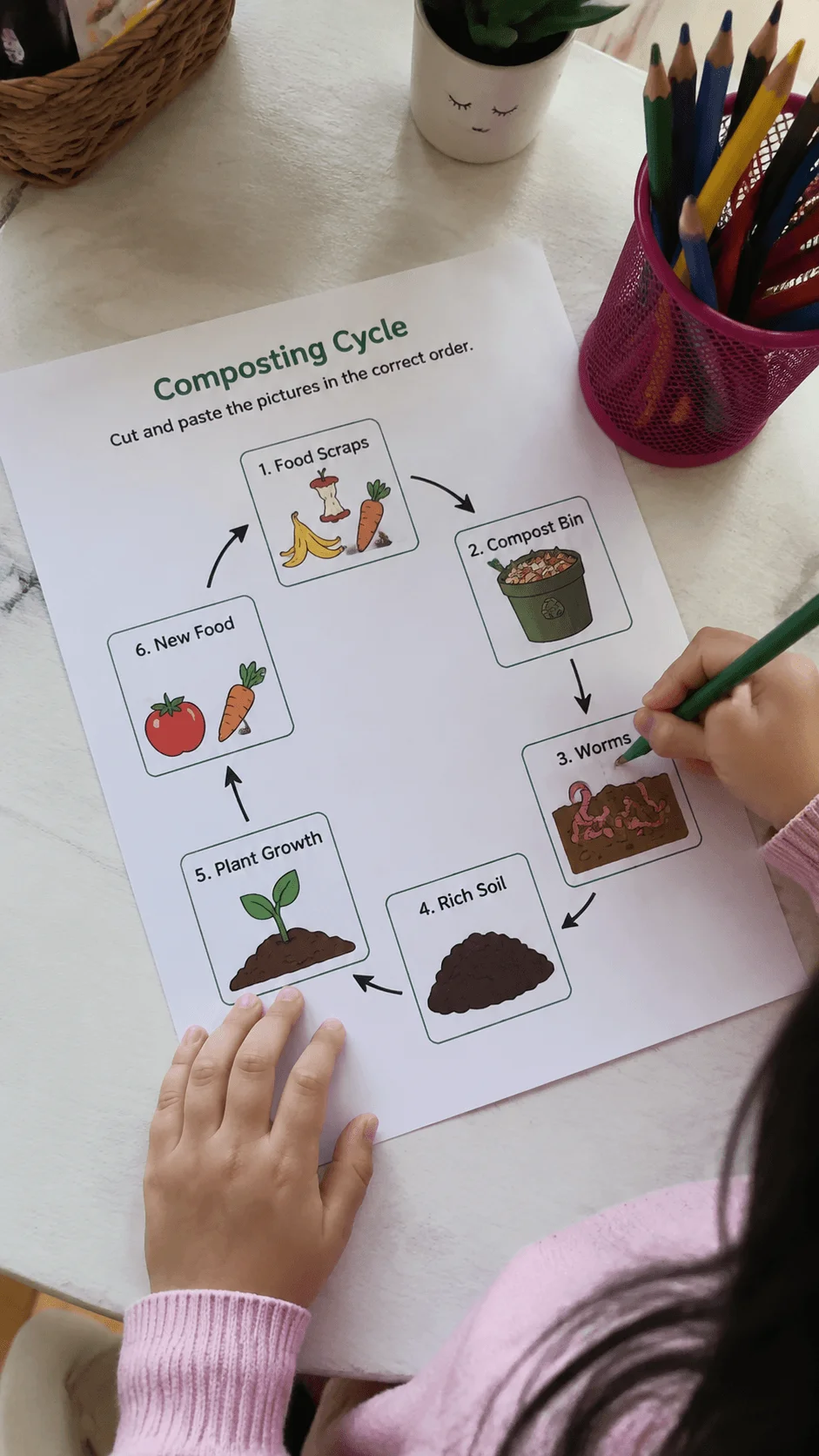 Child completing a composting cycle worksheet with a printable activity showing food scraps compost bin worms rich soil plant growth and new food while learning how organic waste becomes nutrients for plants