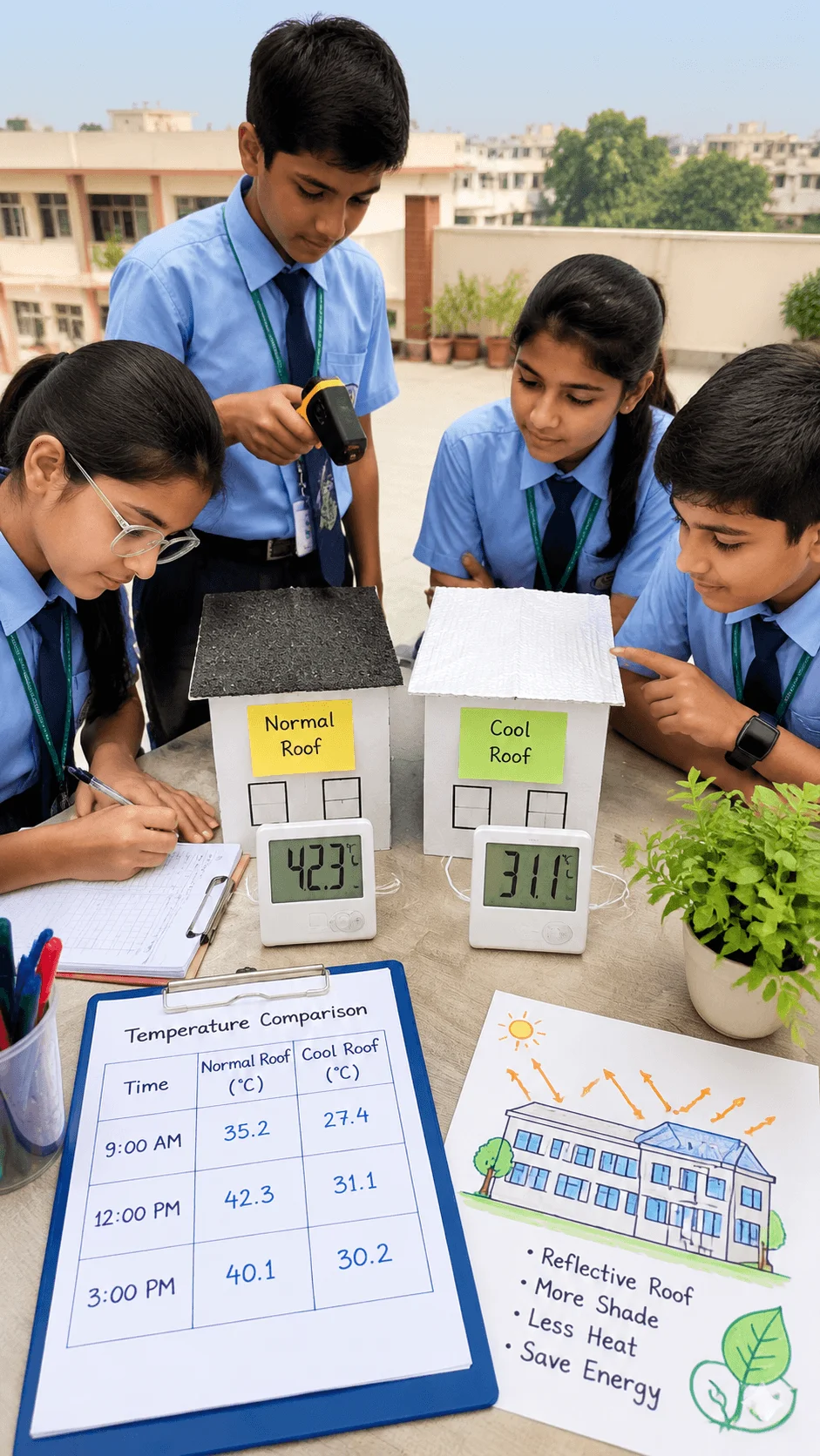 Students testing a cool roof classroom project with model buildings temperature measurements and sustainable energy saving experiments