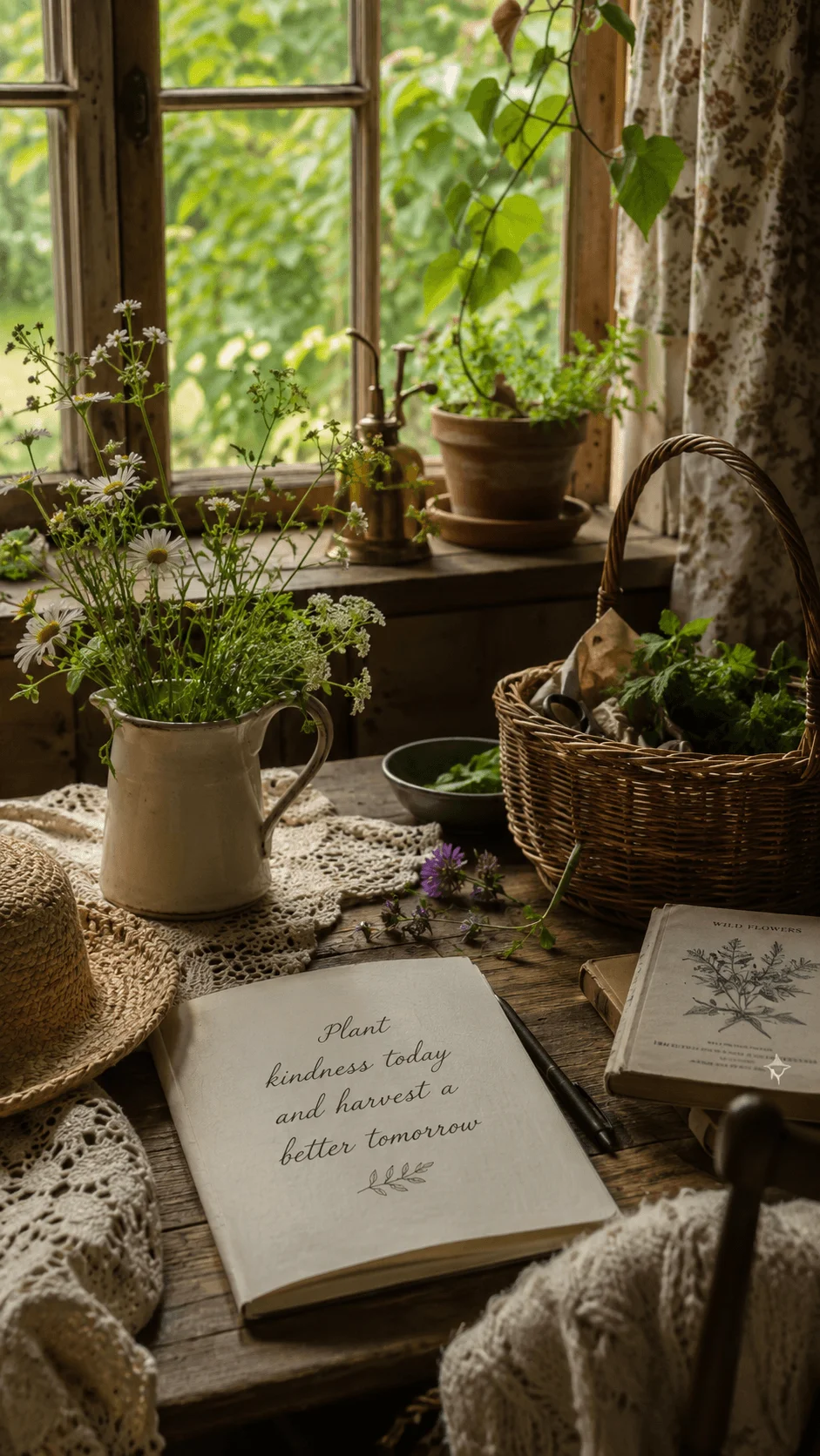 Cottagecore sustainability scene with wildflowers plants woven basket journal and natural wooden table creating a peaceful nature inspired living aesthetic