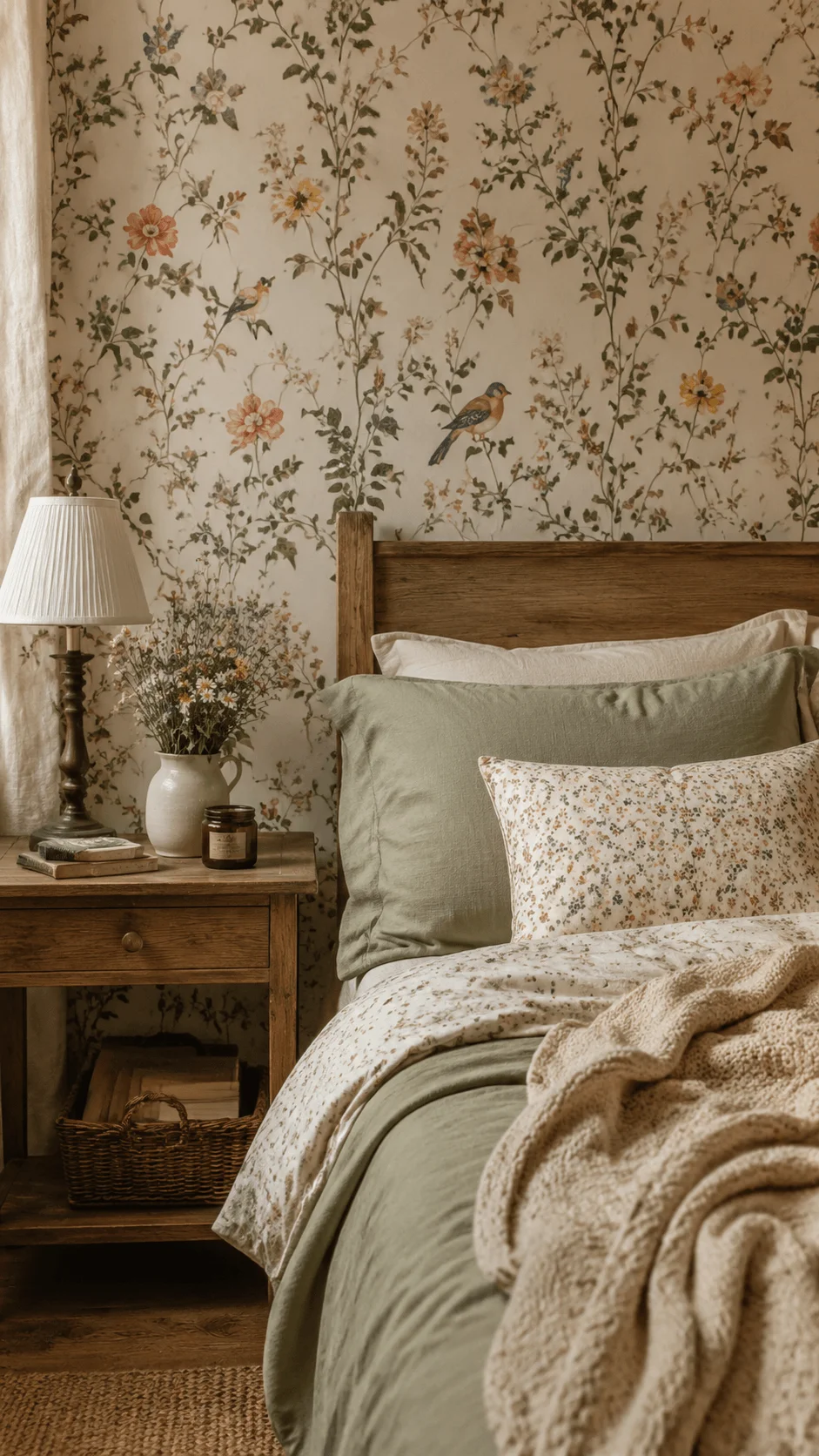 Cottagecore sustainable wallpaper featuring a cozy bedroom with vintage floral patterns wooden furniture soft green bedding and nature inspired slow living decor