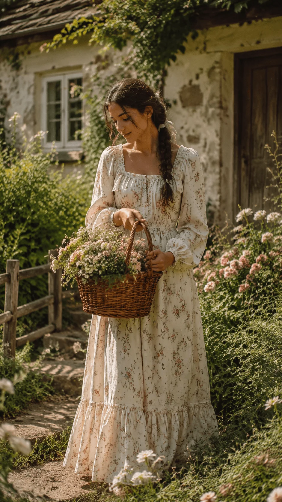 Cottagecore fashion aesthetic with woman wearing a floral dress holding a basket of flowers in a peaceful garden surrounded by greenery and rustic countryside setting