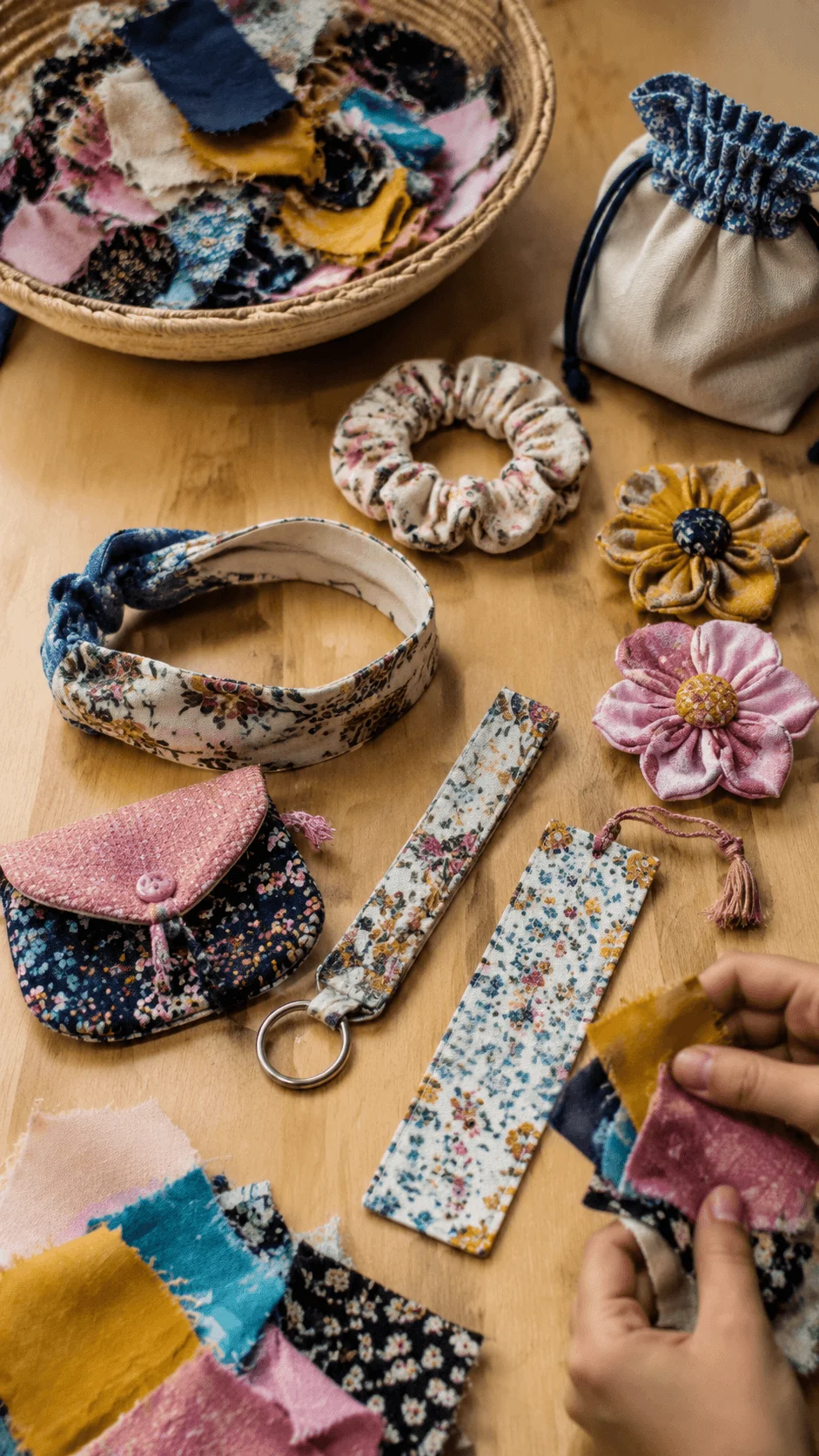 Handmade fashion accessories created from colorful fabric scraps including headbands flowers pouches and keychains for sustainable textile crafts