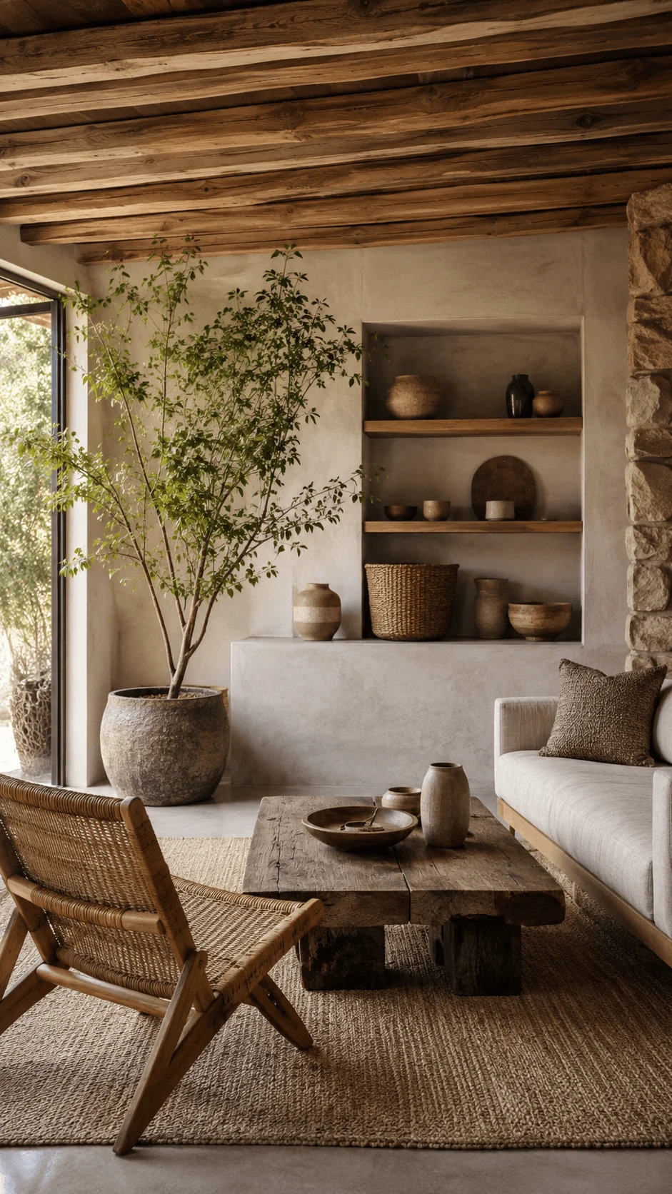 Natural materials home interior with reclaimed wood, stone textures, clay decorations, woven furniture, indoor plants, and an authentic sustainable living design aesthetic