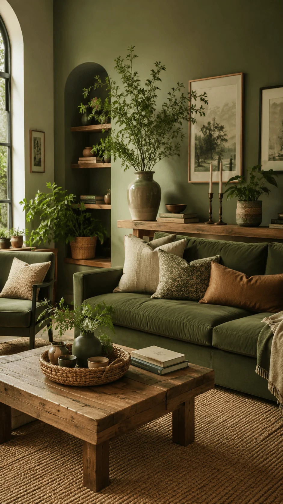 Earthy green home decor interior with natural colors, wooden furniture, indoor plants, cozy seating, and a calming sustainable living atmosphere