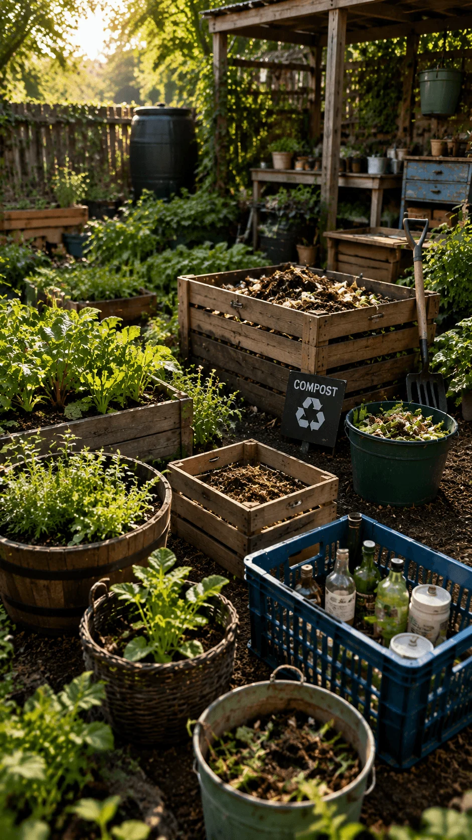 Backyard garden with compost bins raised vegetable beds recycled containers rain barrel and gardening tools supporting a sustainable closed loop gardening system
