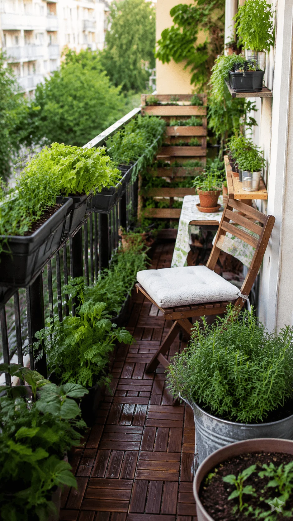 Eco friendly balcony garden with potted vegetables herbs planter boxes and vertical shelves creating a productive green space in a small apartment balcony
