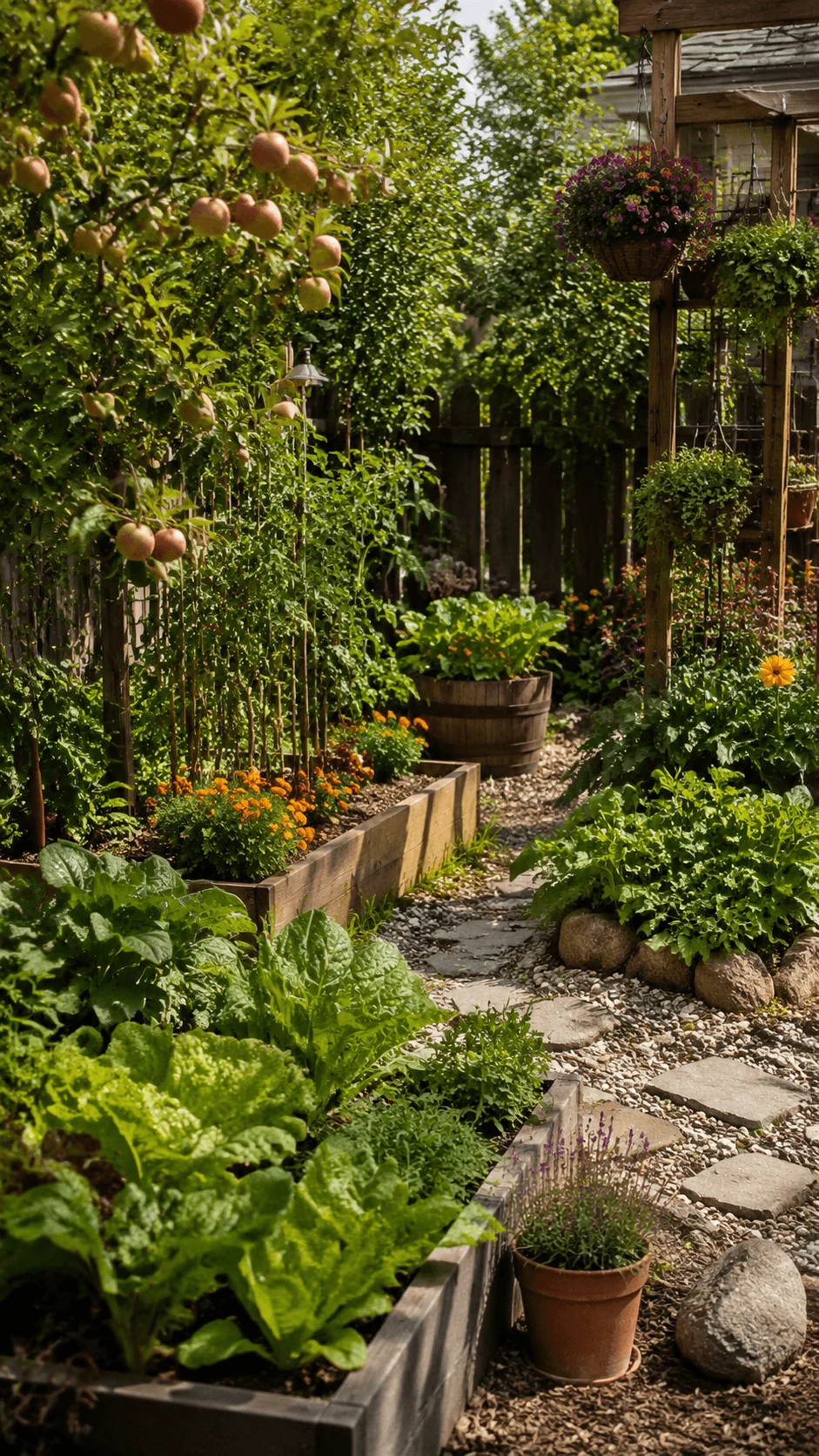 Backyard garden with raised vegetable beds fruit trees flowering plants hanging baskets and a natural stone pathway creating a beautiful and productive outdoor space