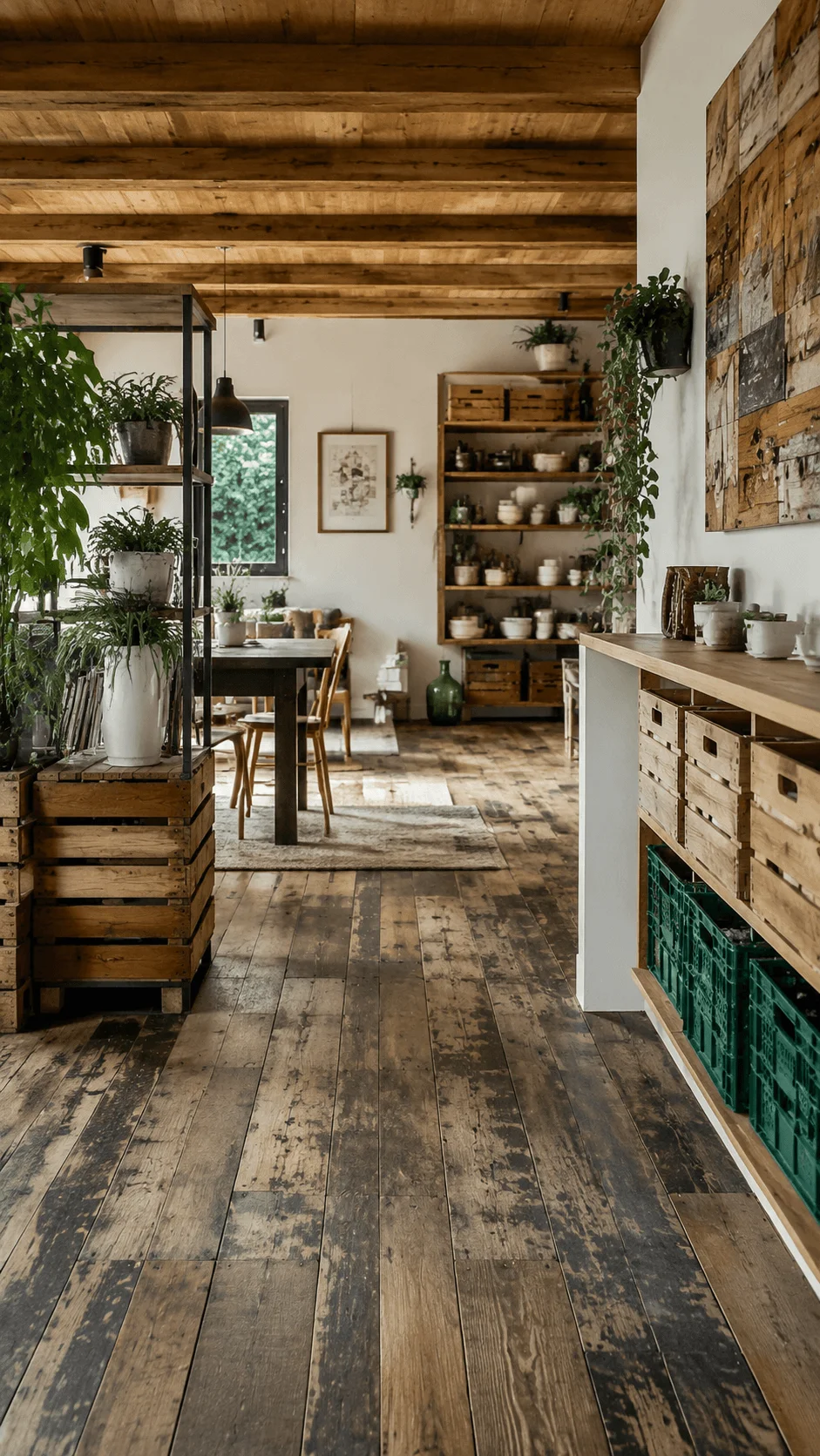 Circular sustainable home interior featuring reclaimed wood recycled furniture modular storage reusable materials indoor plants and resource efficient eco friendly design