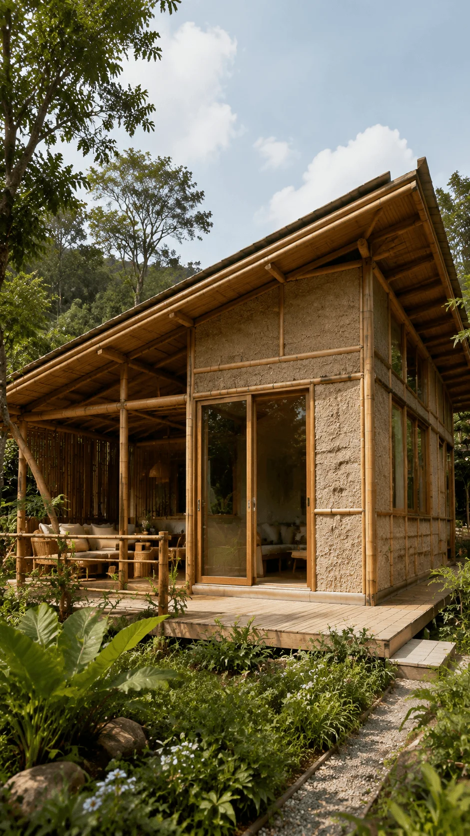 Eco friendly home built with bamboo hemp based natural materials renewable construction resources and sustainable architecture surrounded by lush greenery
