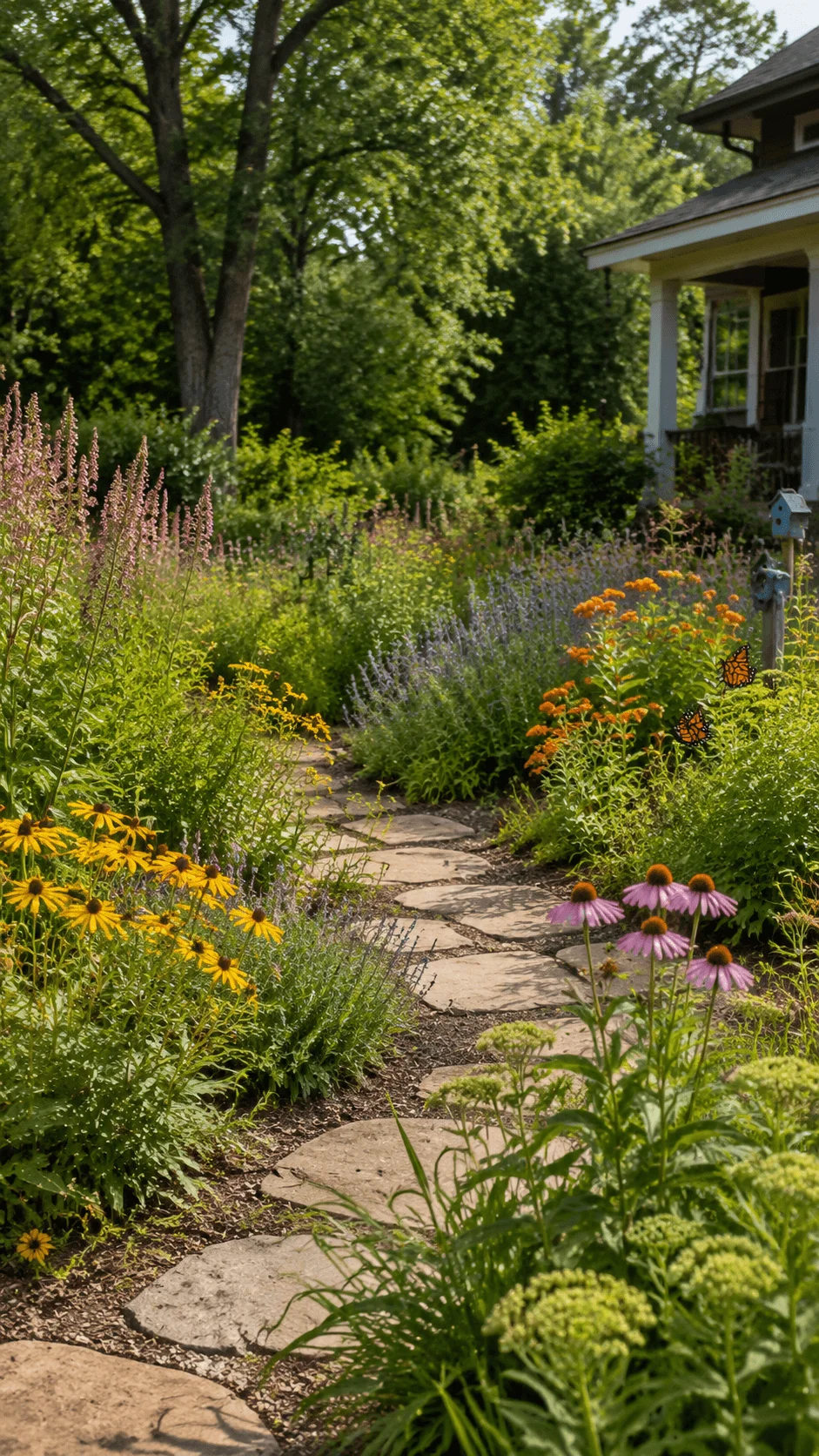 Native plant garden with diverse wildflowers lush greenery stone pathway and blooming flowers creating a natural habitat for butterflies and local biodiversity