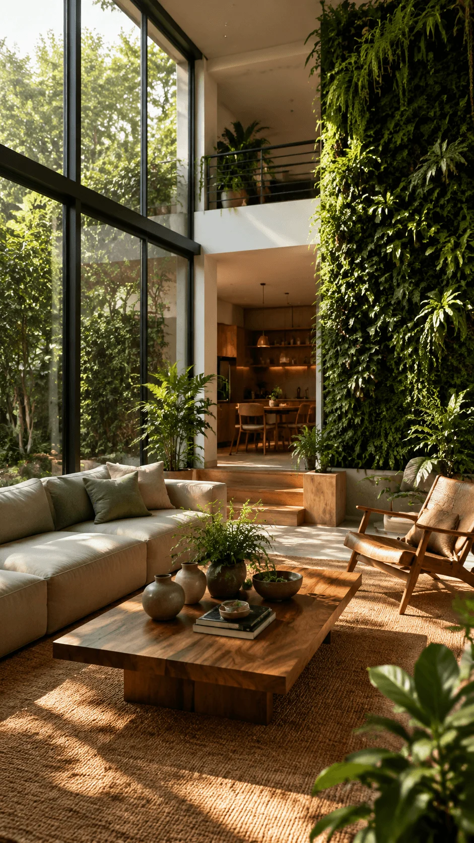 Modern biophilic home interior with living green wall floor to ceiling windows natural sunlight wooden furniture and abundant indoor plants creating a healthy living space