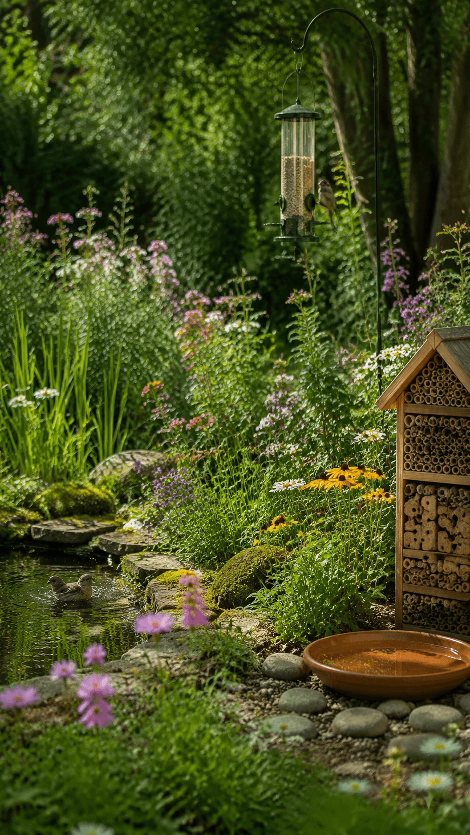 Wildlife friendly garden with a natural pond bird feeder insect hotel flowering plants and water bowl creating a thriving habitat for birds and beneficial insects