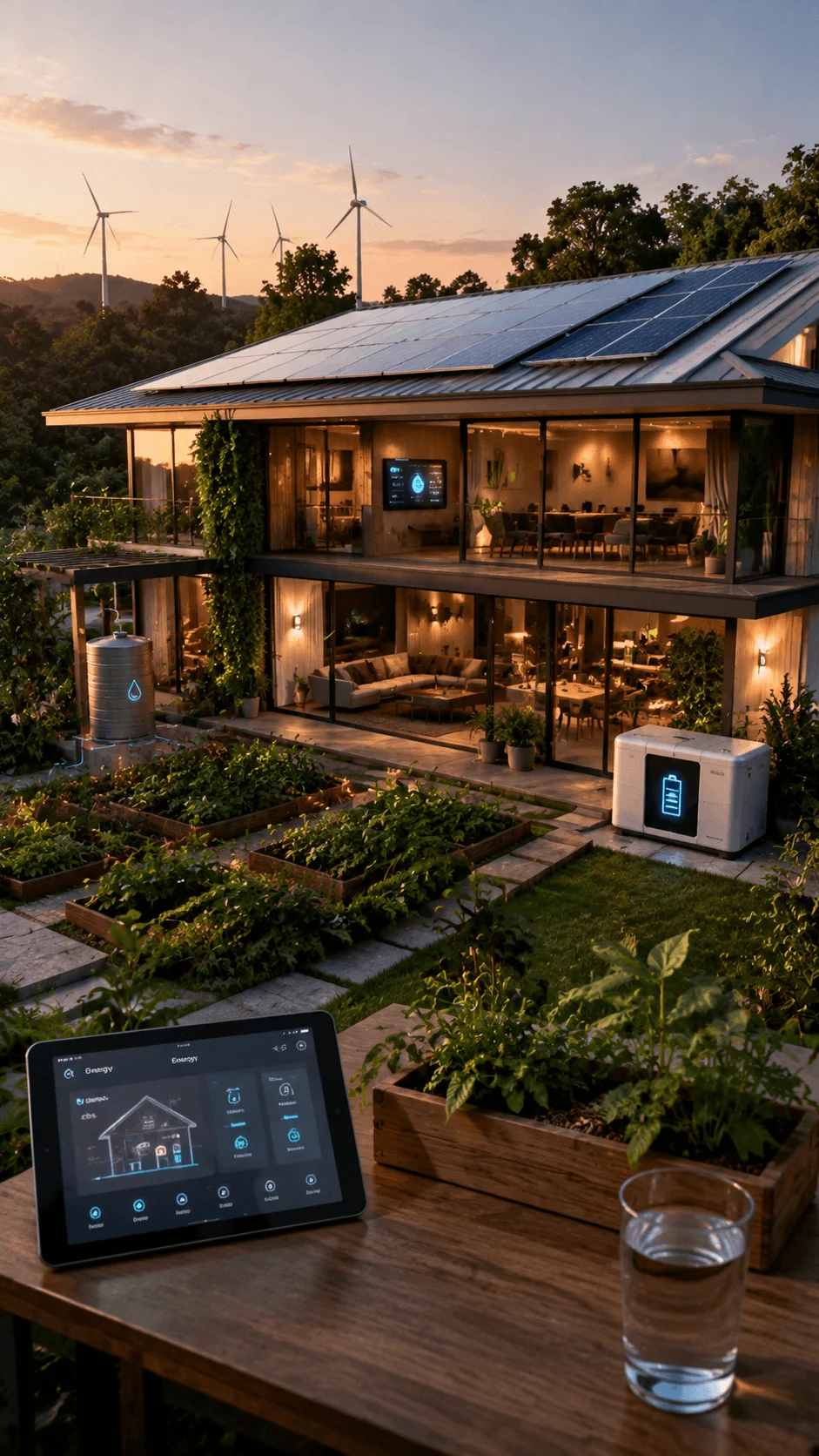 Future intelligent sustainable home with solar panels battery storage smart energy management rainwater harvesting home gardens and AI powered eco friendly living systems