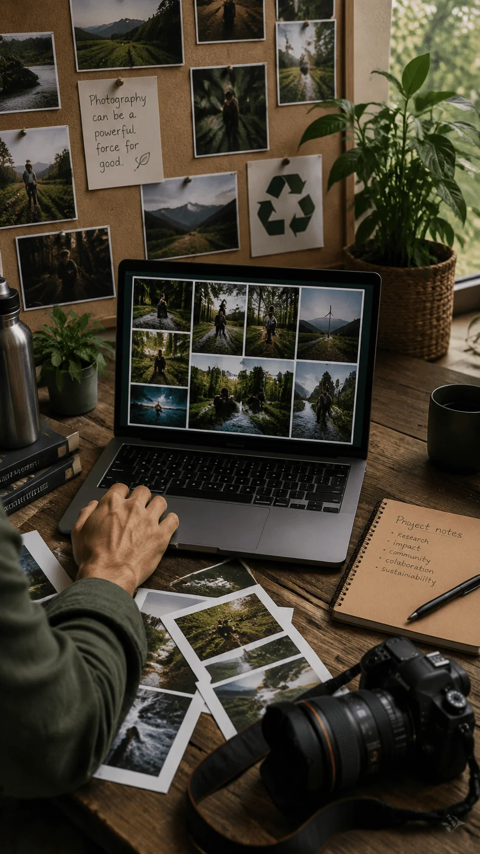 Creating a sustainable photography portfolio showing a photographer organizing nature images on a laptop with printed photographs, camera equipment, project notes, and eco friendly workspace elements focused on environmental storytelling and conservation photography