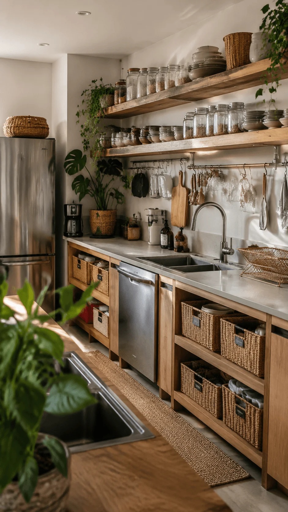 Zero waste kitchen aesthetic with glass storage jars, wooden shelves, natural materials, organized reusable containers, indoor plants, and a sustainable eco friendly kitchen design focused on mindful living